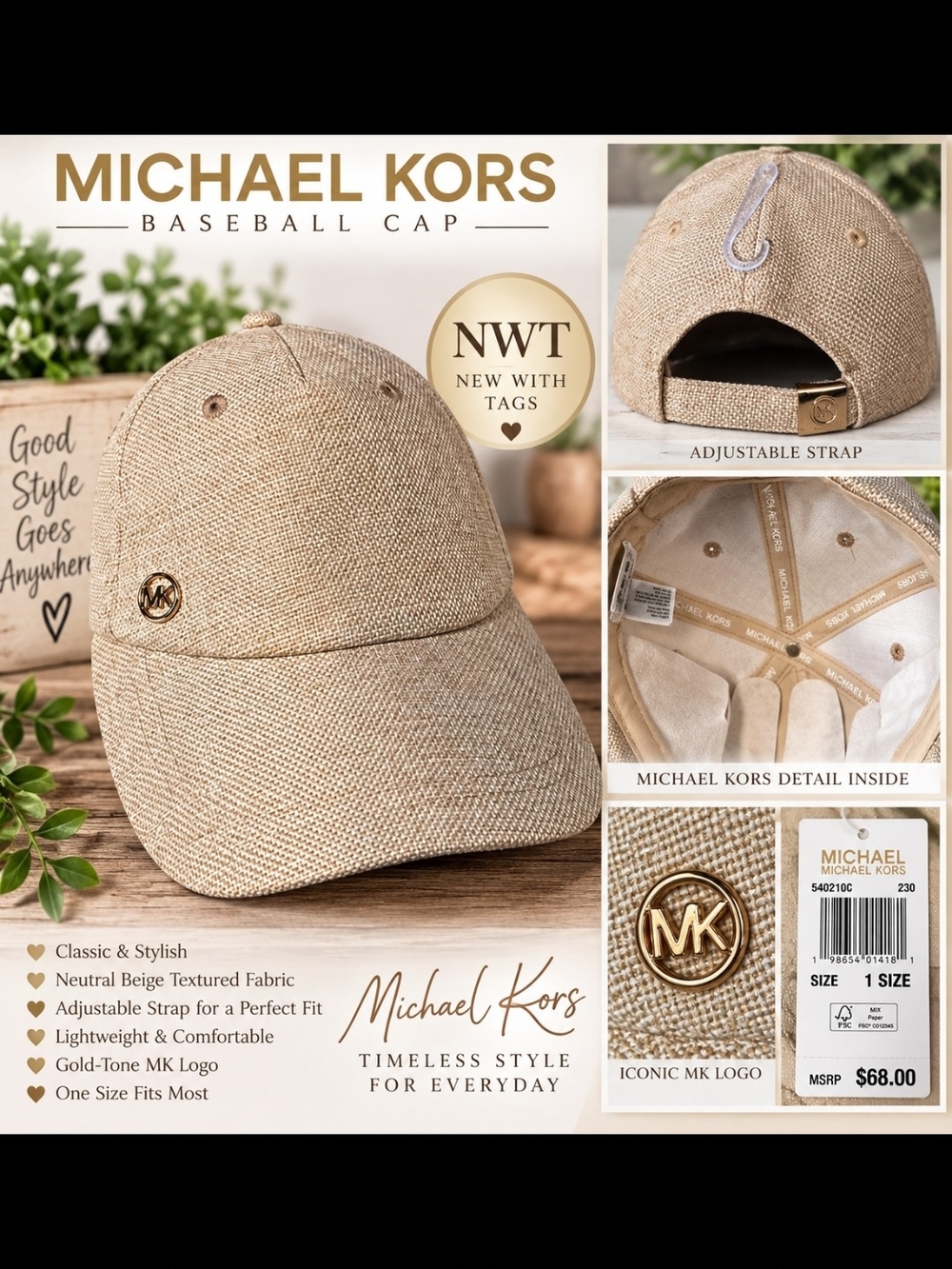 Michael Kors Neutral Beige Textured Baseball Cap with Gold MK Emblem